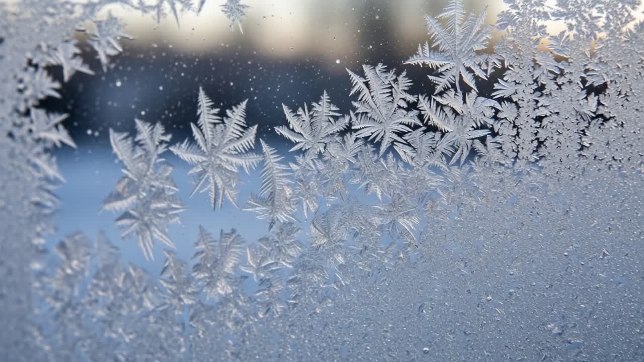 Stunning Close-Up of Frosty Window Patterns Captured in Winter, Showcasing Intricate Ice Crystals Forming Artistic Designs on Glass Surfaces at Dawn