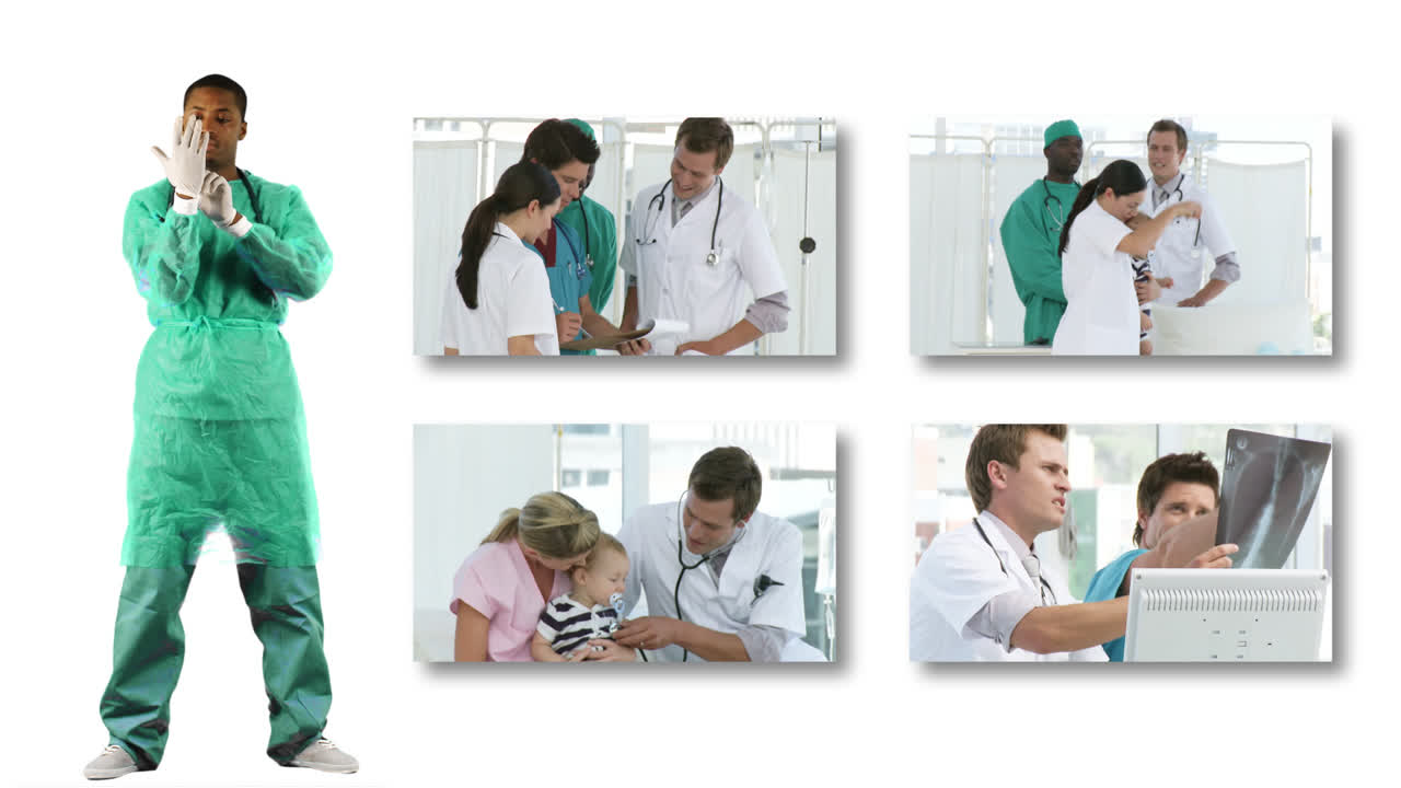 Cirujano de origen étnico con pantallas mostrando imágenes médicas