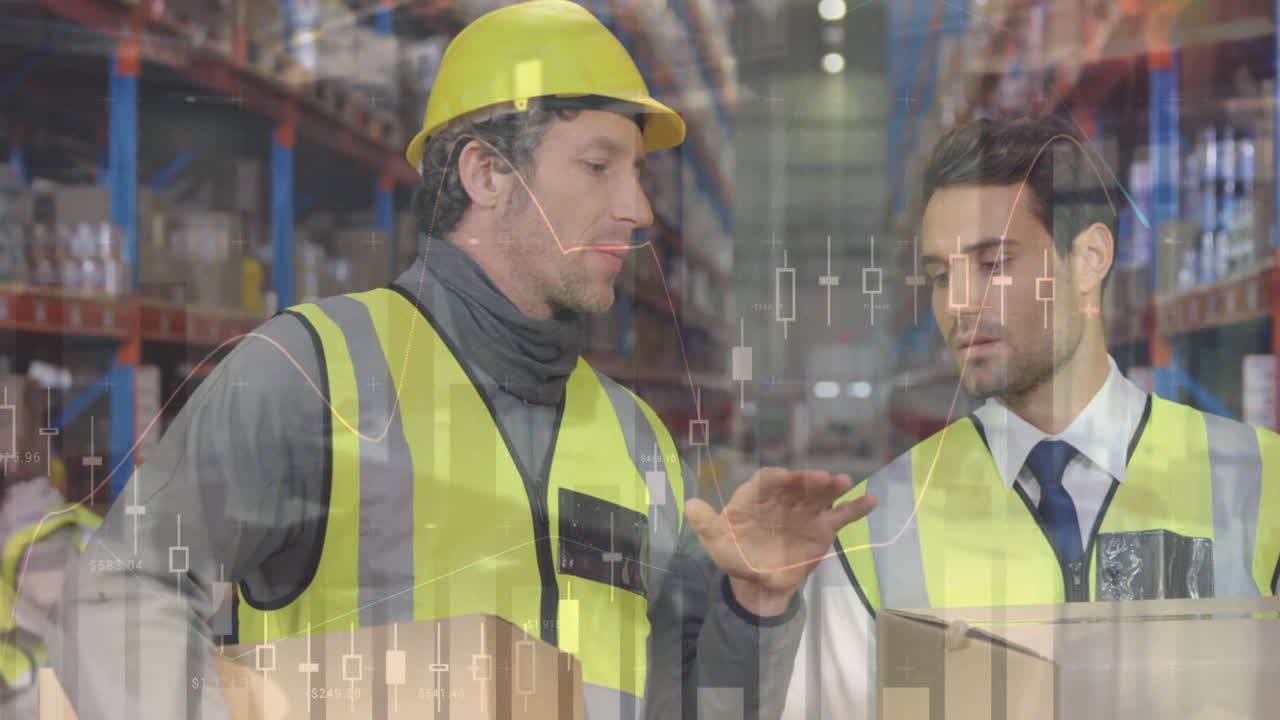 Animation of data processing over people working in warehouse