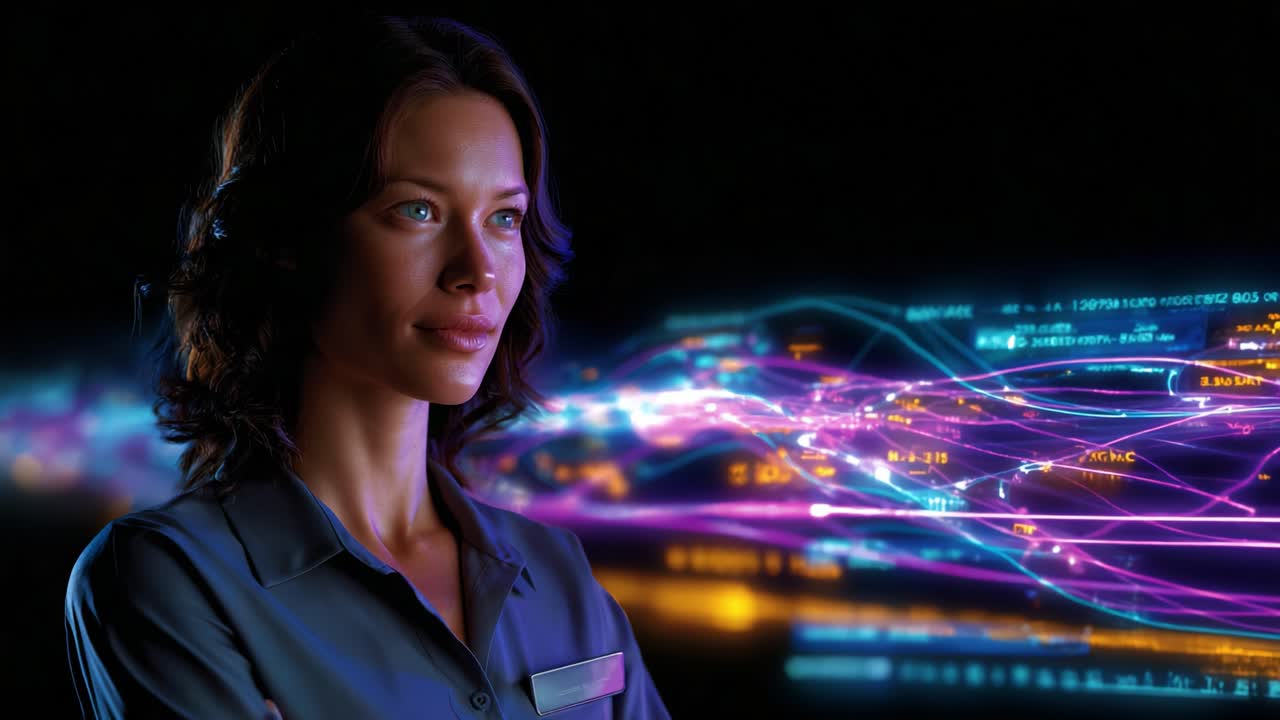 Una donna sicura di sé circondata da flussi colorati di dati digitali, che rappresentano la tecnologia e l'innovazione in un'accattivante composizione visiva
