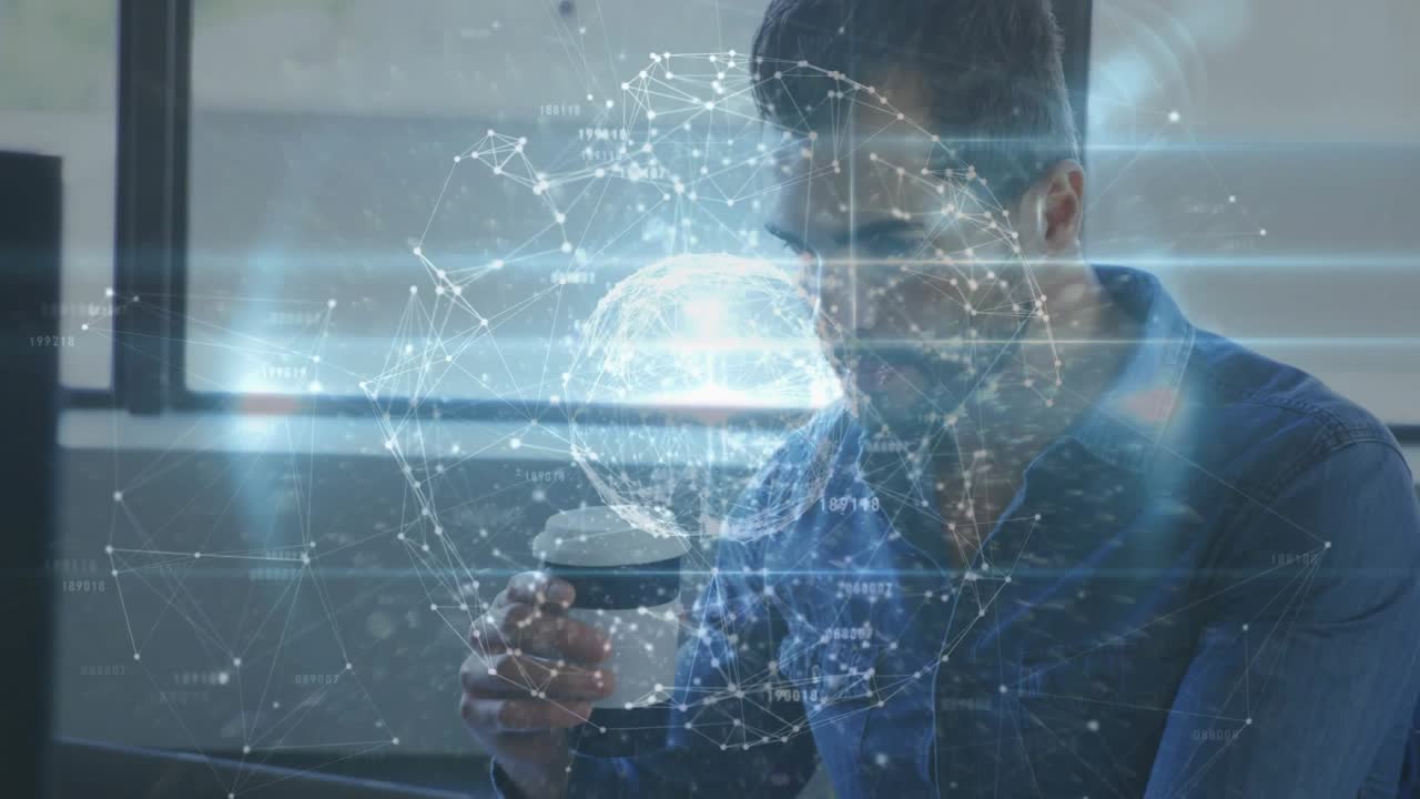 Man working reaching for takeaway cup, sipping and adjusting lid while tech globe aligning with cup