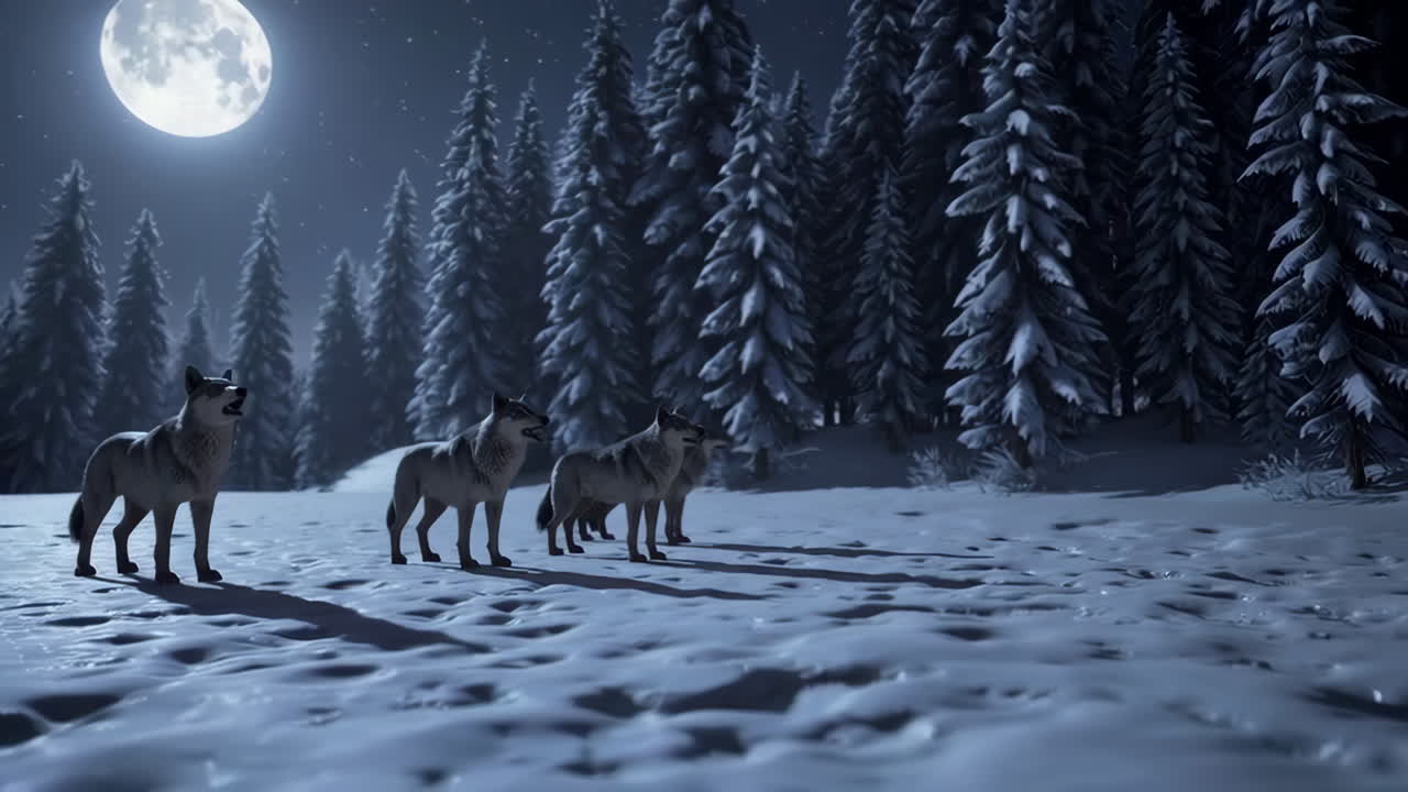 Wolves howling at the moon in a snowy forest