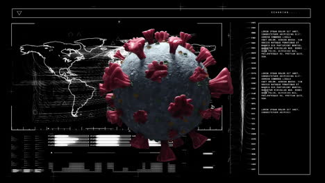 animación digital de la célula de covid-19 a través de la interfaz digital con procesamiento de datos en fondo negro