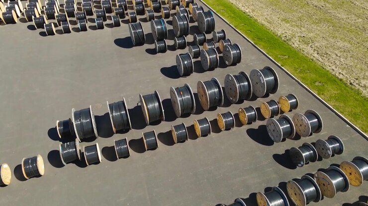 Drone view of numerous wooden and metal spools with black electrical or fiber optic cables stored outdoors in an industrial area on a sunny day, showcasing production and logistics