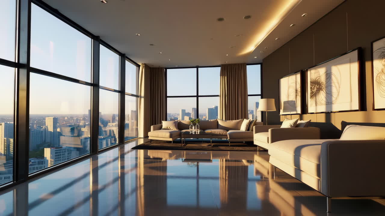 Modern Luxury Apartment Living Room with Panoramic City Views