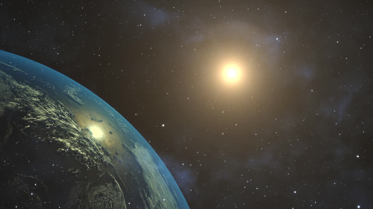 планета земля, солнце и частицы пыли, которые находятся вокруг него, вселенная