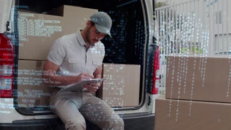 delivery man sitting on the back of a van