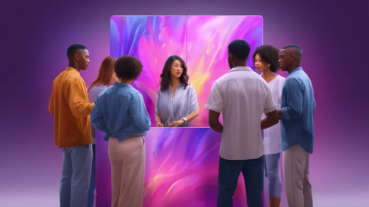 A dynamic interaction scene featuring a diverse group of individuals engaged in an animated discussion around a vibrant backdrop, emphasizing community dialogue and collaboration in a modern setting