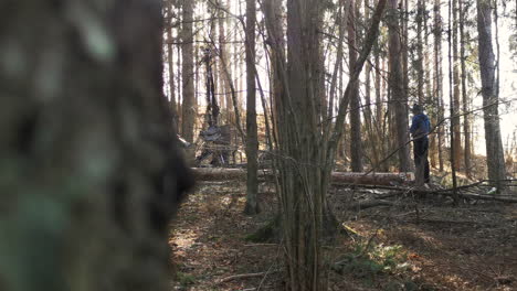 Tractor-grapple-jaw-opens-and-grabs-pine-log-in-forest-with-lumberjack-standing-and-watching