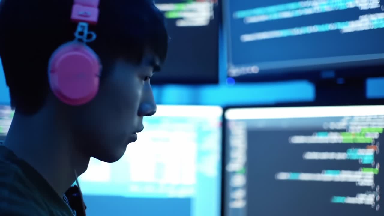 A Focused Individual Analyzing Complex Code Through Multiple Monitors in a Dimly Lit Environment, Showcasing the Intricacies of Digital Analysis and Technology