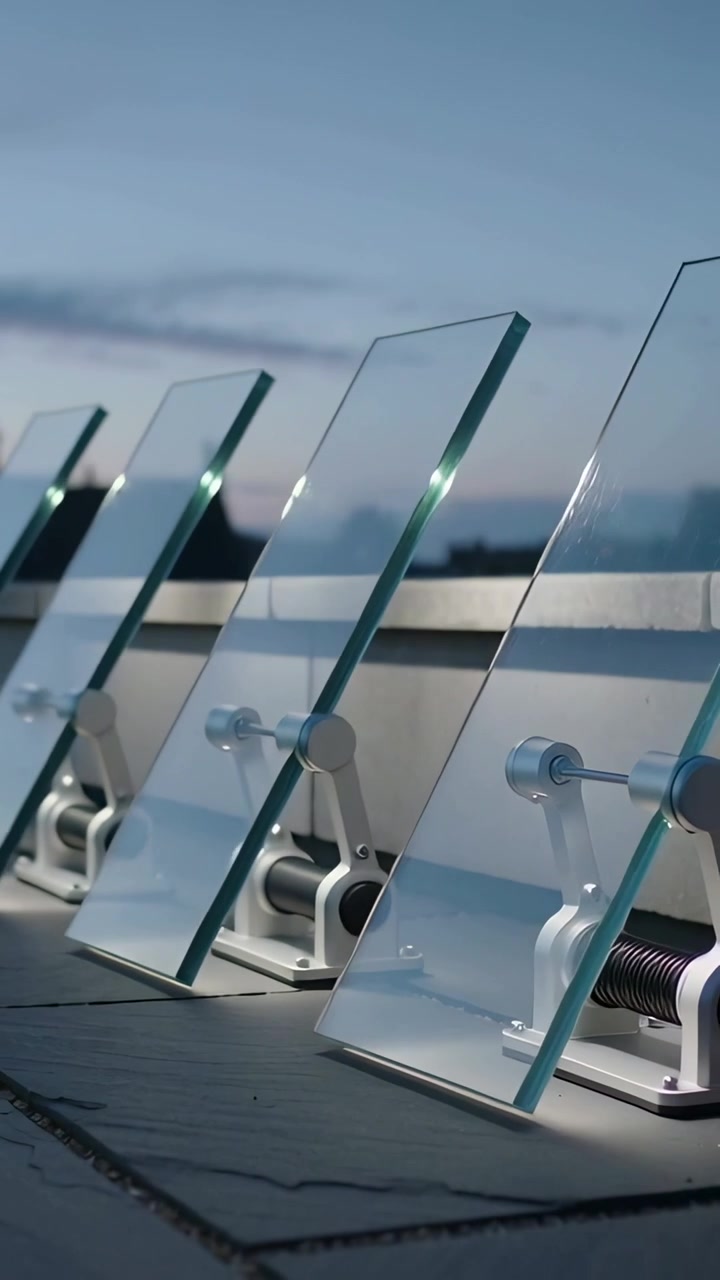 Vertical video: Pulling back from close camera revealing backlit glass panels mounted along roof