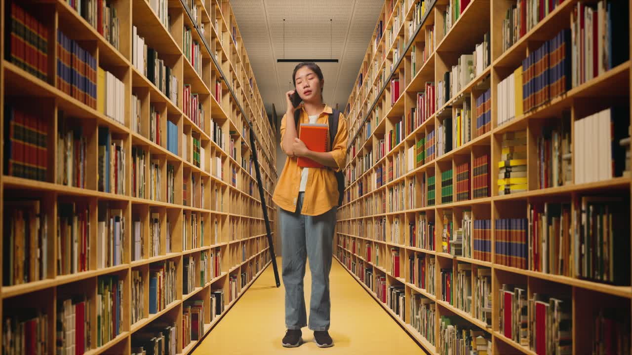 cuerpo lleno de estudiante mujer asiática con una mochila y algunos libros hablando en teléfono inteligente mientras estaba de pie en la biblioteca