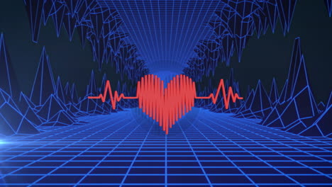 heart rate icon over grid network and 3d structures against black background