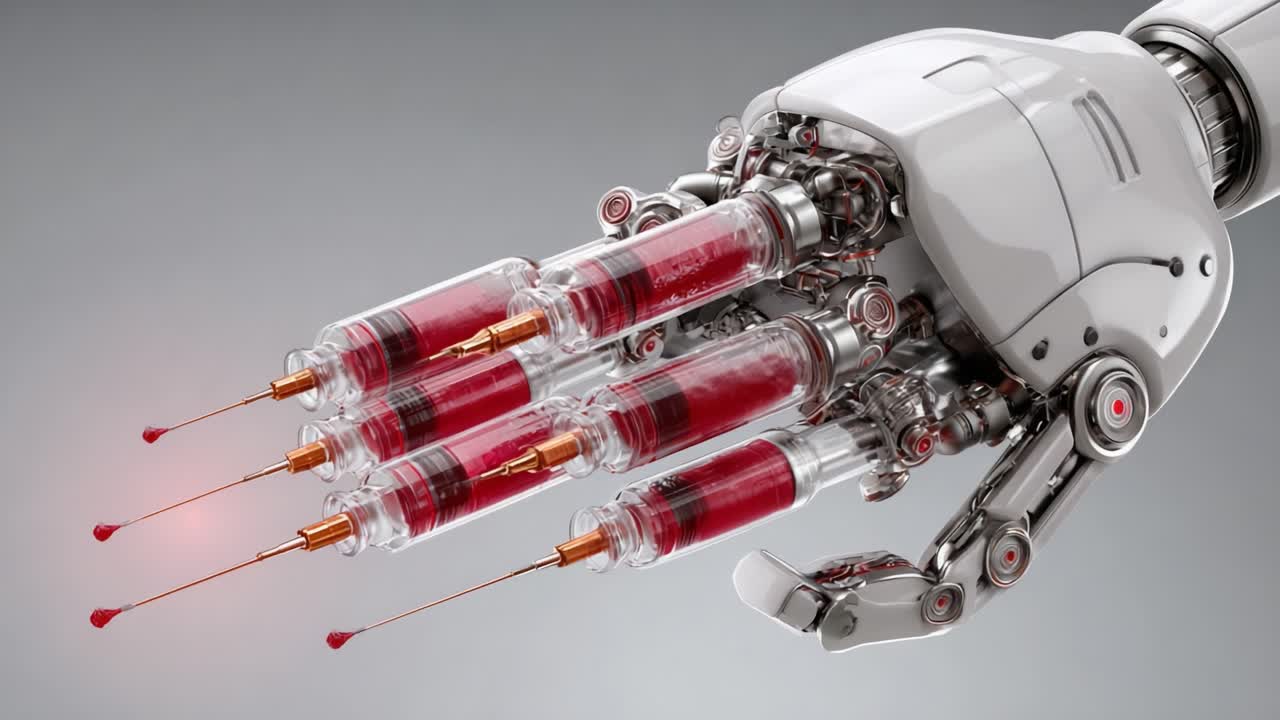 A futuristic robotic hand equipped with multiple syringes filled with vibrant red liquid, showcasing advanced technology and intricate design elements in a sleek, modern aesthetic