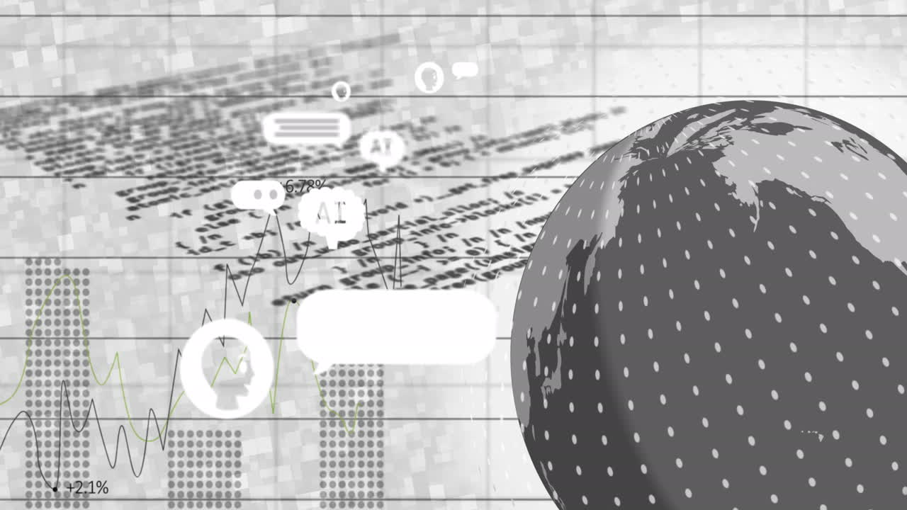 전 세계 데이터 처리, 채팅, 통계 및 아이콘의 애니메이션