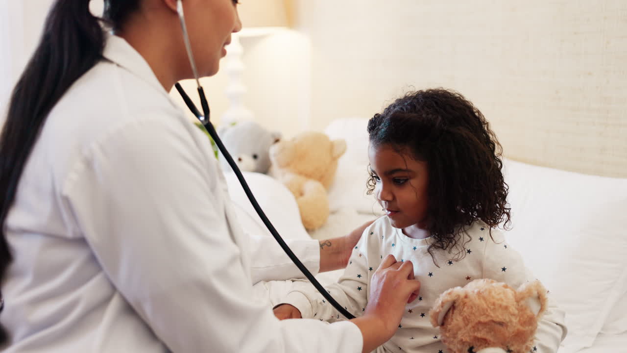 Doctor, stethoscope and check on girl breathing