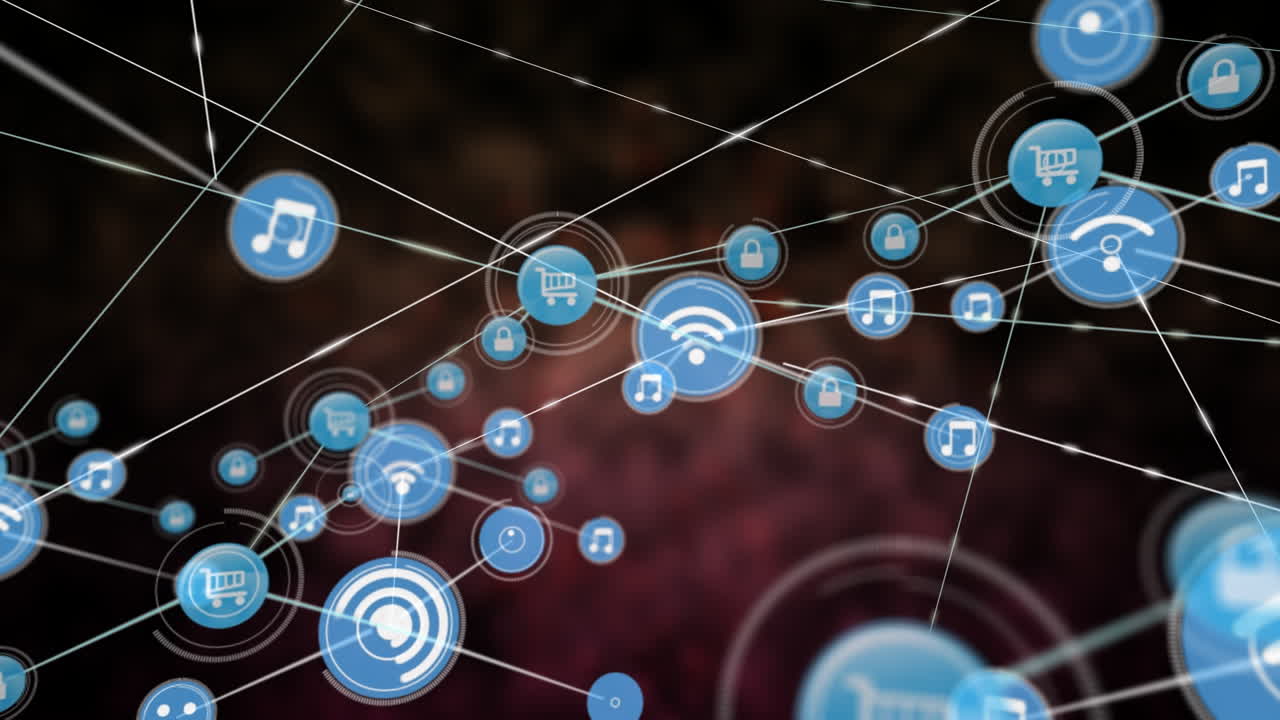 animación de una red de iconos digitales contra un fondo rojo