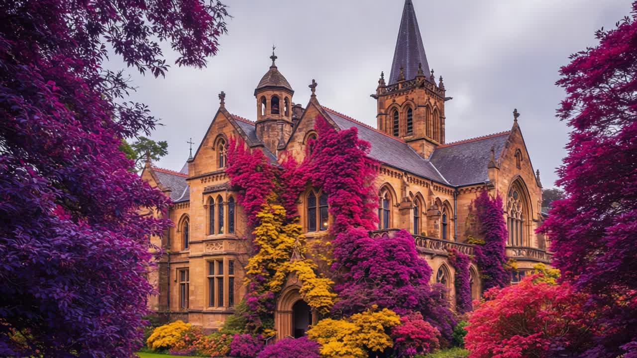 An Enchanting Autumn Scene: A Historic Building Surrounded by Vibrant Foliage in Shades of Purple, Red, and Yellow, Under a Cloudy Sky