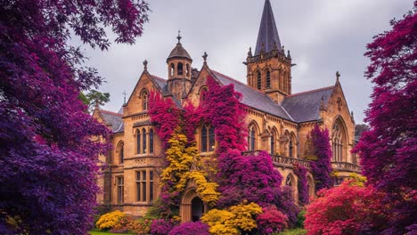 an enchanting autumn scene: a historic building surrounded by vibrant foliage in shades of purple, red, and yellow, under a cloudy sky