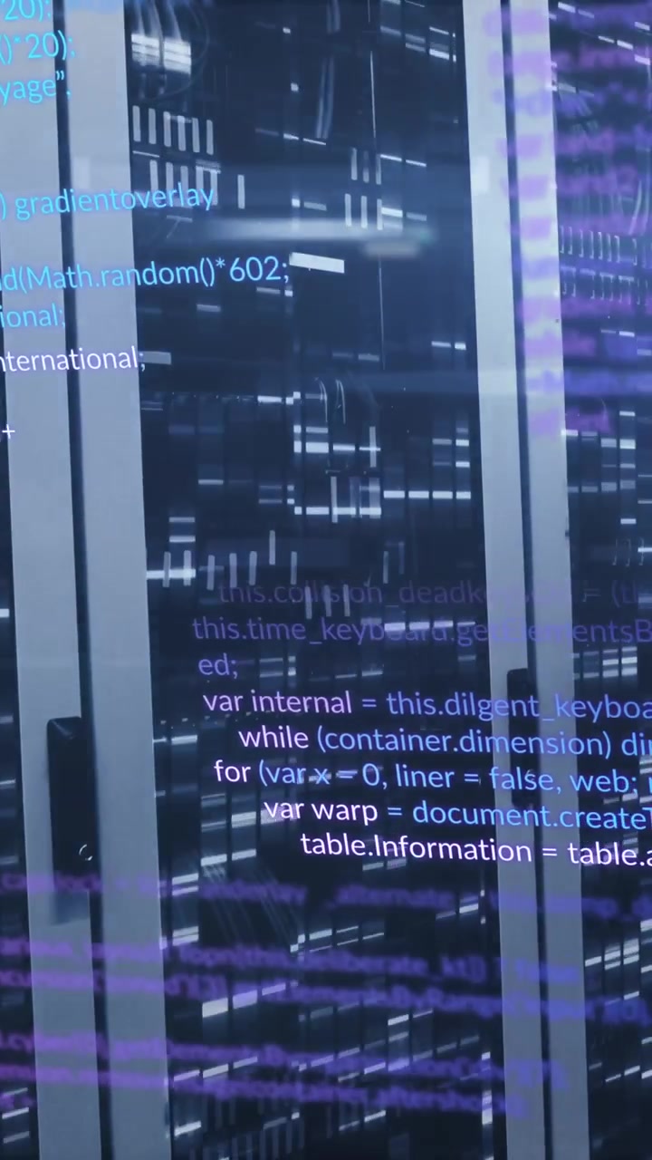 Animation of data processing against mosaic squares over computer server room