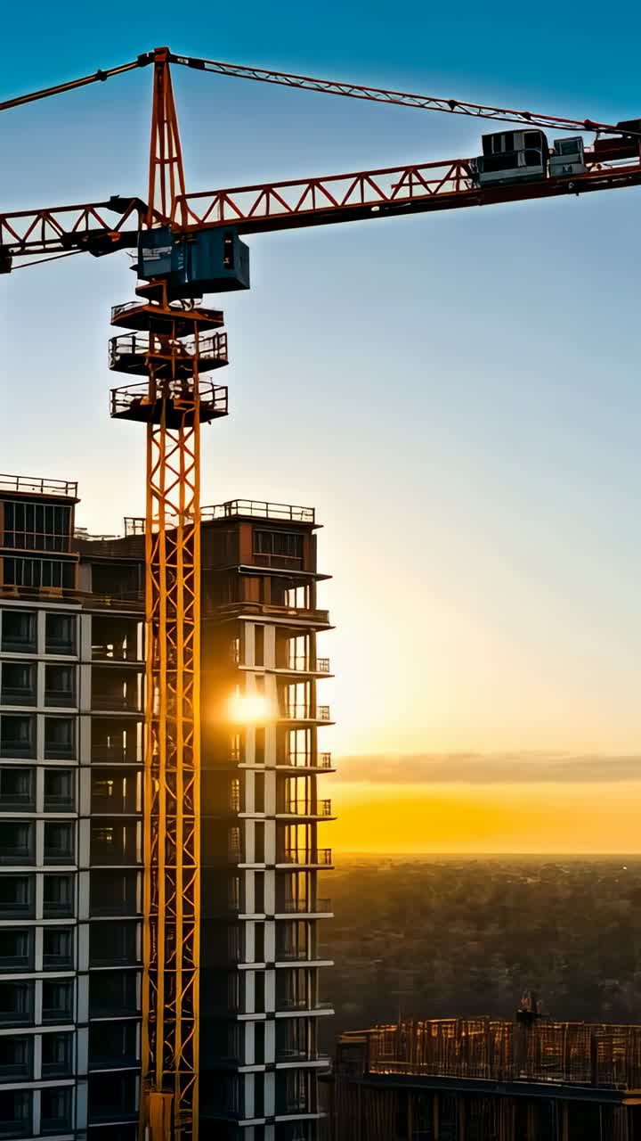 Vertical video: Moving tower crane trolley along jib at building site as sun sets, with scaffolding