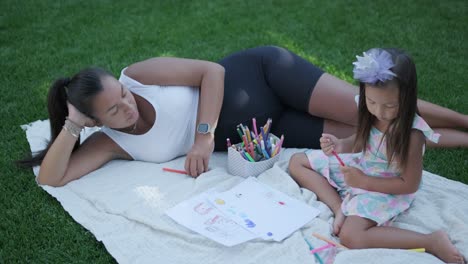 a mother and her young daughter sit on a blanket in the backyard, engaging in a drawing activity together. the outdoor scene captures a peaceful family moment, fostering creativity and bonding.