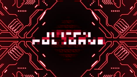 futuristic circuit board with red and black pattern and happy holidays typography