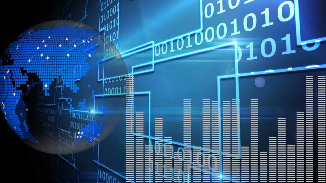animación del globo y procesamiento de datos sobre fondo negro