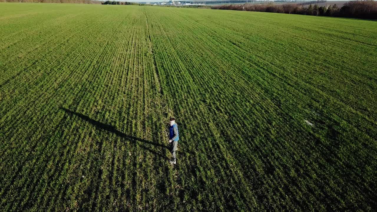 Un ragazzo corre sul campo verde di grano. Bambino felice che corre su un bellissimo campo