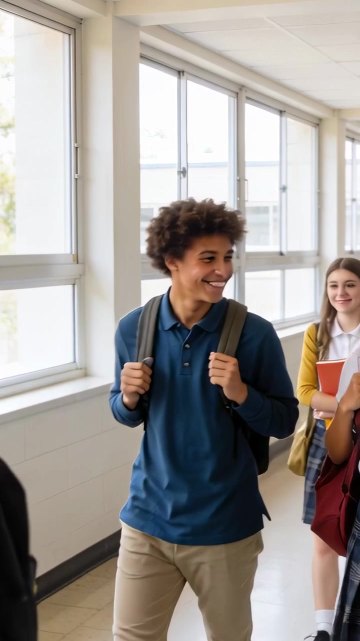 Vertical video: Walking student in yellow polo carrying binder, backpack to class by school windows