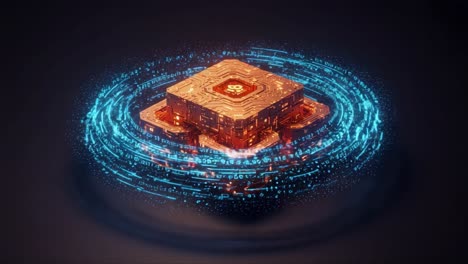 a high-tech data hub surrounded by a dynamic blue digital aura, showcasing the fusion of cybersecurity and cutting-edge technology in a futuristic environment