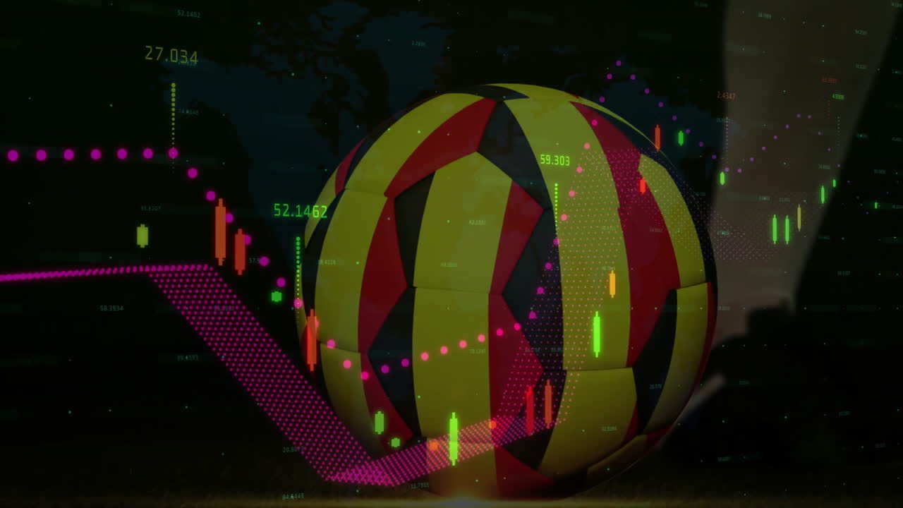 Animation of colorful geometric sphere with financial graph lines on dark background