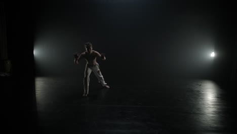 luchadores de capoeira realizando movimientos dinámicos en el escenario. artes marciales, danza y acrobacias en acción. atletas de pecho desnudo mostrando fuerza, flexibilidad y técnica bajo los reflectores