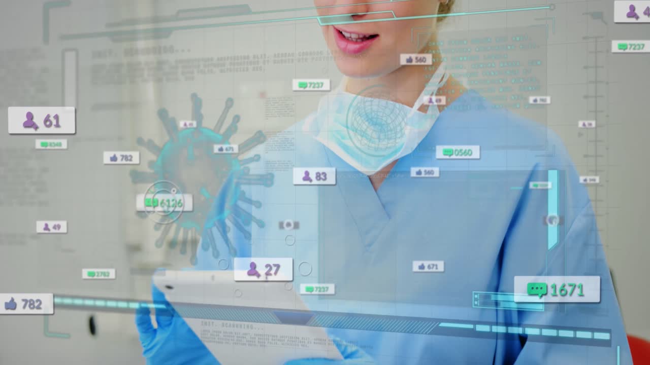 알림 바의 애니메이션, 컴퓨터 언어, 디지털 태블릿을 사용하는 백인 의사에 대한 바이러스