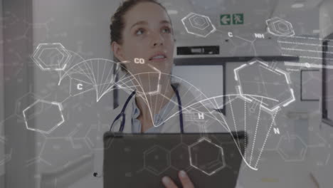 animación de cadenas de adn y fórmula química sobre una doctora caucásica con una tableta