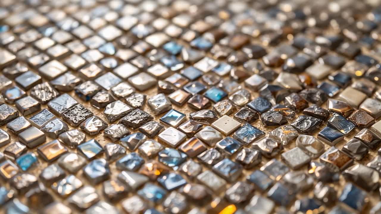 Caméra effectuant un panoramique, s'inclinant et refocalisant sur un panneau intérieur, révélant des carreaux métalliques dorés et bleus.