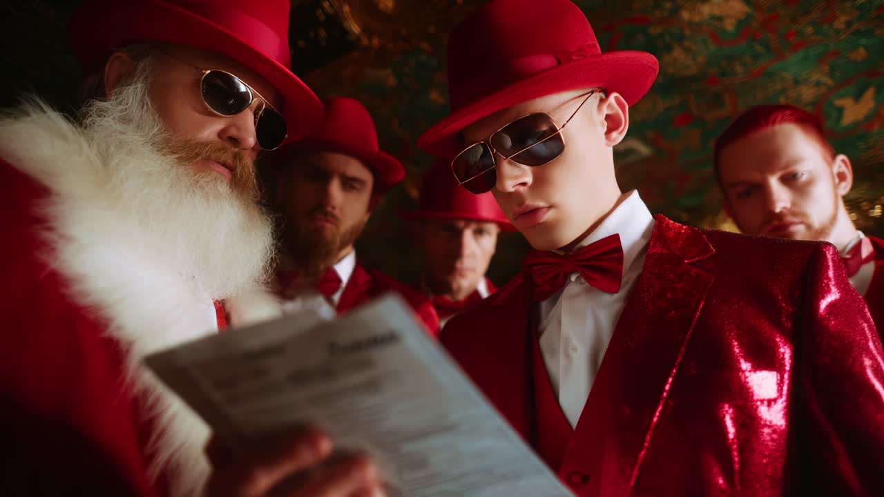 A group of elegantly dressed men in vibrant red attire and stylish sunglasses are focused on a document, showcasing their coordinated look and serious demeanor in a lavish setting, emphasizing the festive yet professional atmosphere