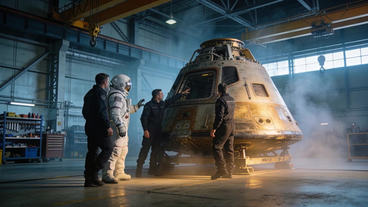 Un tecnico indica mentre ispeziona una capsula carbonizzata in un hangar, con un astronauta in tuta che lo segue, valutando i danni.