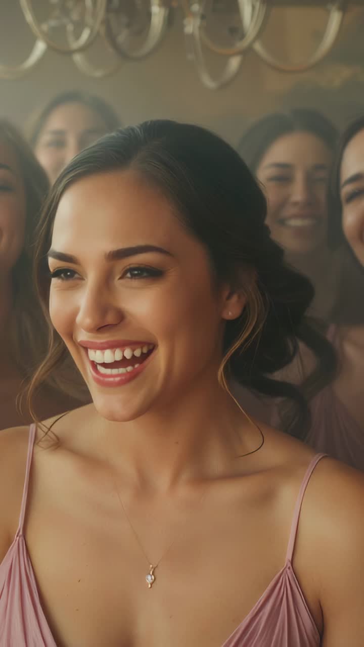 Vertical video: Reacting to cue woman in pink dress widening smile leaning at dressing room, lights