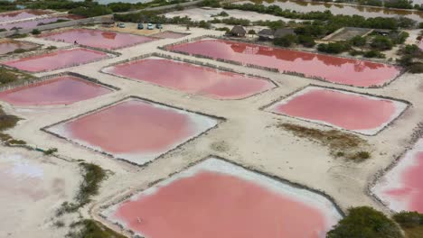 aerial view, flying over the breathtaking pink colored lagoons of salt fields