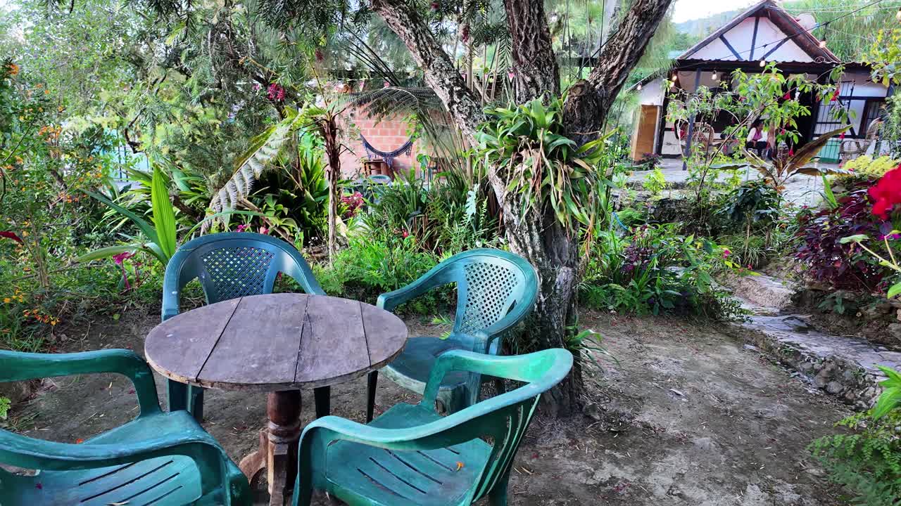 Ambiente tranquillo del patio sotto un grande albero, che mostra architettura rustica e fiori vivaci in un pacifico rifugio di campagna.