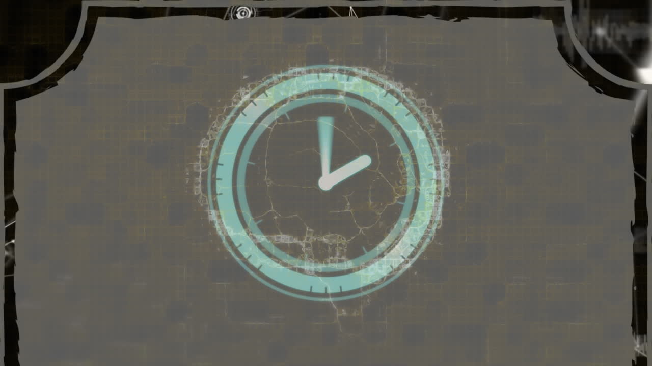 Neon digital clock ticking over human brain against network of connections on black background