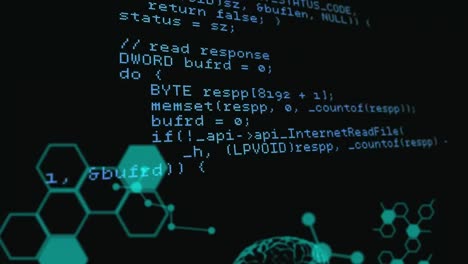Animation of chemical compound structures, human brain, medical data processing with floating molecu
