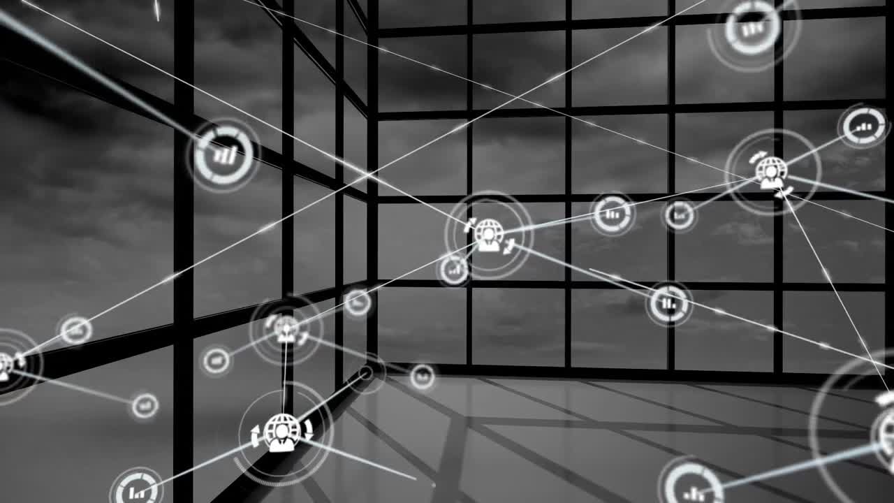 창문 위의 아이콘과 구름이 있는 하늘을 가진 연결망의 애니메이션