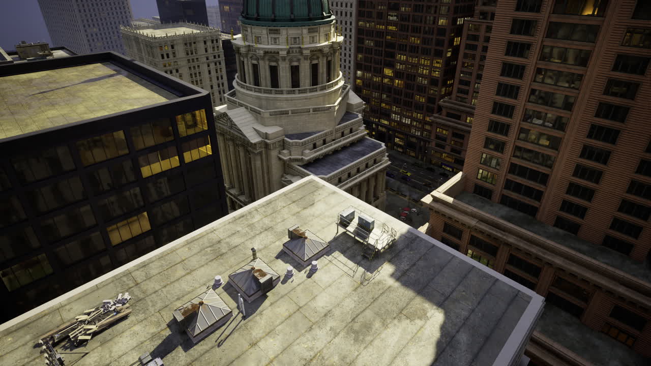 City skyline view from rooftop during twilight with towering buildings and dome