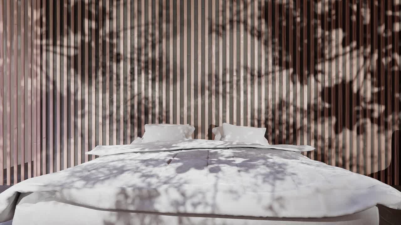 현대적인 아파트 침실 그림자 벽에 식물 나무는 부드럽게 여름 바람에 의해 움직입니다, 바람, 아키텍처, 인테리어 디자인 개념, 스마트 하우스.