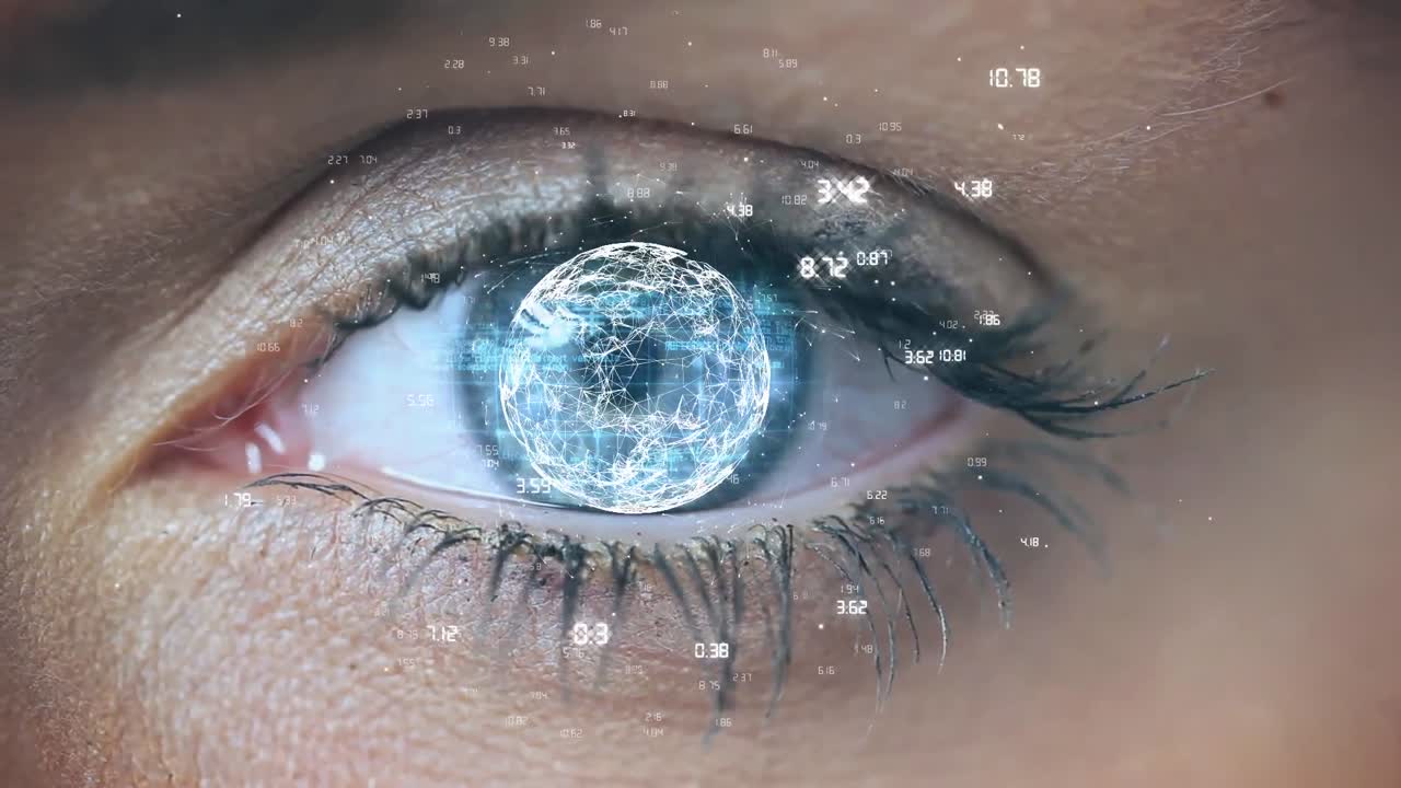 red global rotativa y datos sobre el ojo azul en el fondo