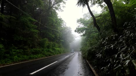 forward walking shot on wet asphalt road through dense foggy forest, with distant blue car briefly passing by in quiet, moody, rural japan setting
