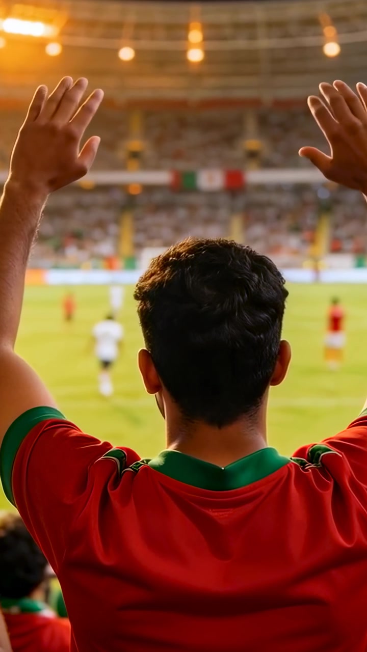 Video vertical: Hombre con camiseta roja y cuello verde levantando los brazos, animando al equipo mientras la jugada se desarrolla en el campo.