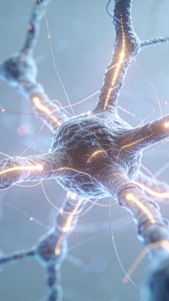 Vertical video: Receiving input, neuron soma firing pulses along neurites in tissue for signaling